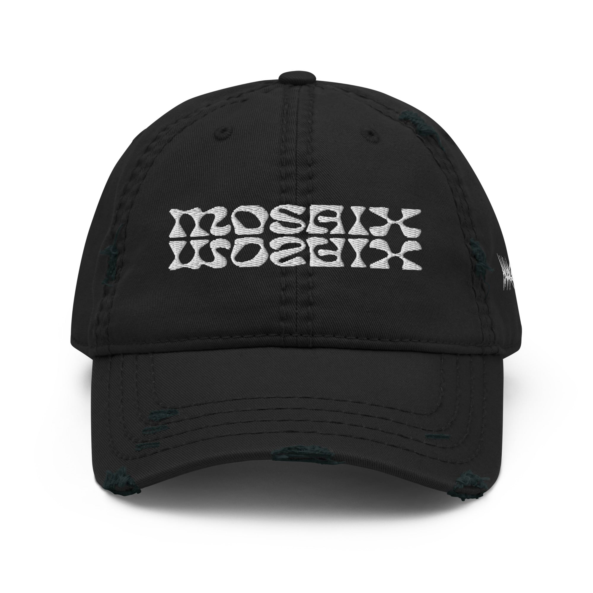 Mosaix Distressed Hat in Black - Premium Cotton Twill Cap with Unique Design