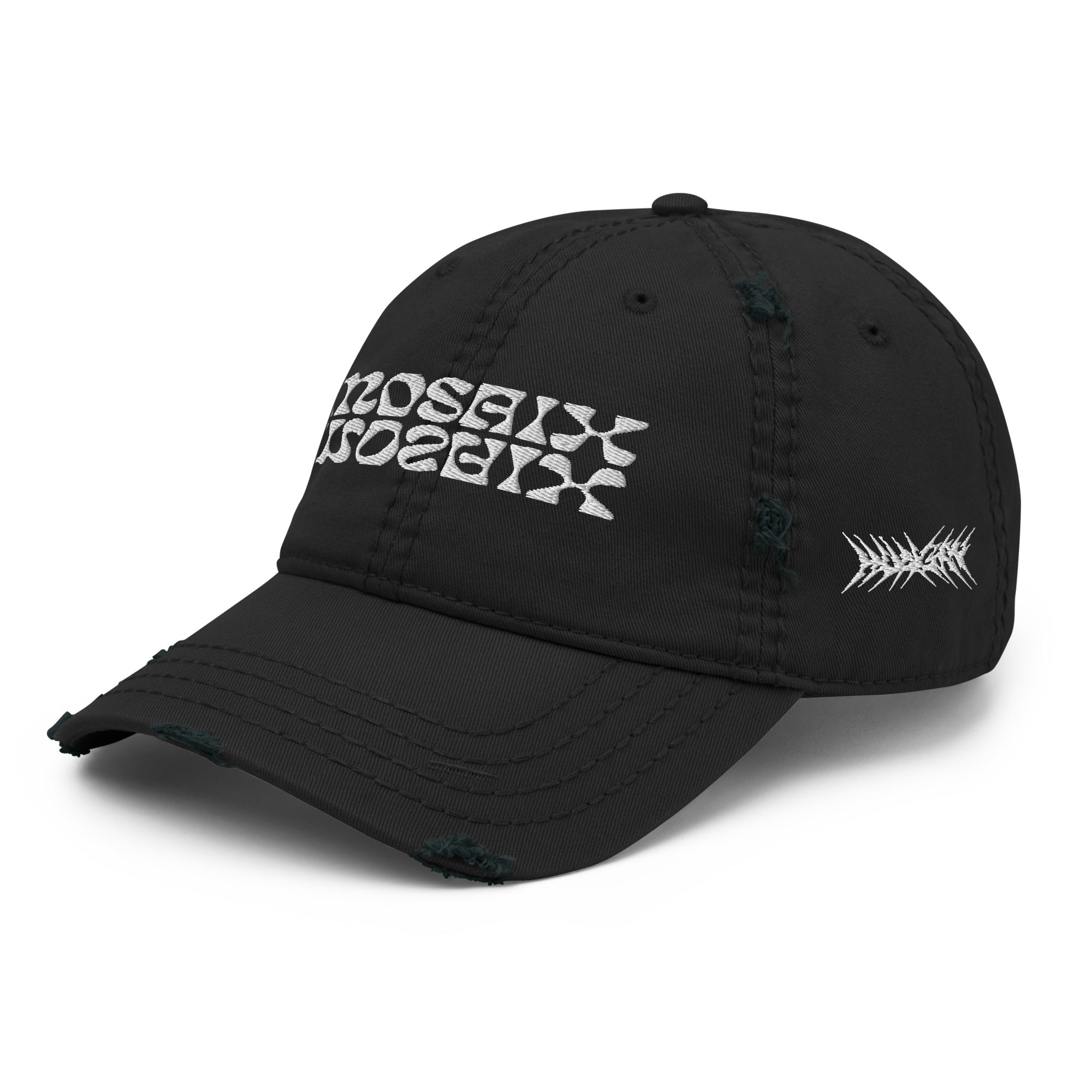 Mosaix Distressed Hat in Black - Premium Cotton Twill Cap with Unique Design