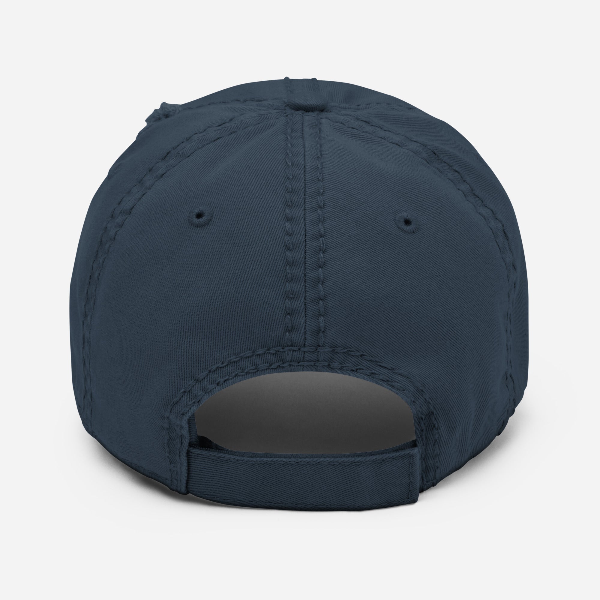 Globe Distressed Hat in blue, featuring an adjustable strap.